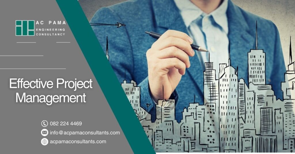 Promotional graphic for AC Pama Engineering Consultancy, featuring a professional in a blue suit holding a pen, with a hand-drawn cityscape in the foreground. Company name, logo, and contact details displayed on the left side.