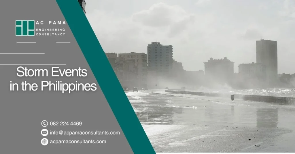 A visual from AC Pama Engineering Consultancy highlighting the theme “Storm Events in the Philippines,” showing strong waves crashing onto a coastal urban area under stormy skies, emphasizing the importance of resilient infrastructure.