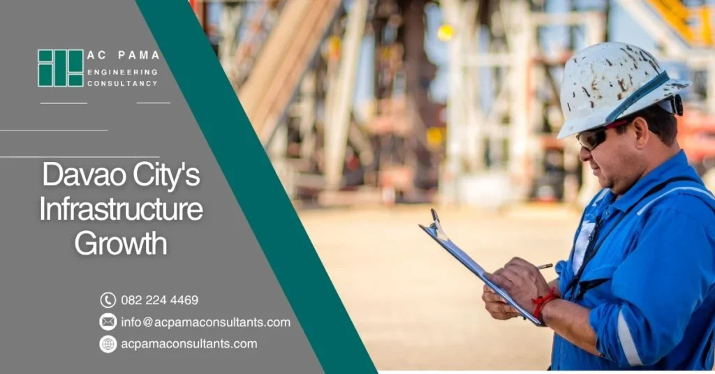 A promotional image for AC Pama Engineering Consultancy featuring a construction engineer in safety gear reviewing plans on-site, with text highlighting “Davao City’s Infrastructure Growth” and the company’s contact details.