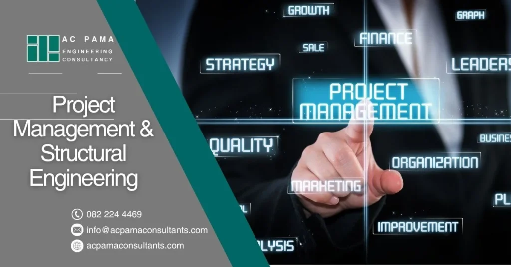 A promotional image for AC Pama Engineering Consultancy featuring a person pointing at virtual project management terms, with text highlighting "Project Management & Structural Engineering" alongside the company’s contact details.