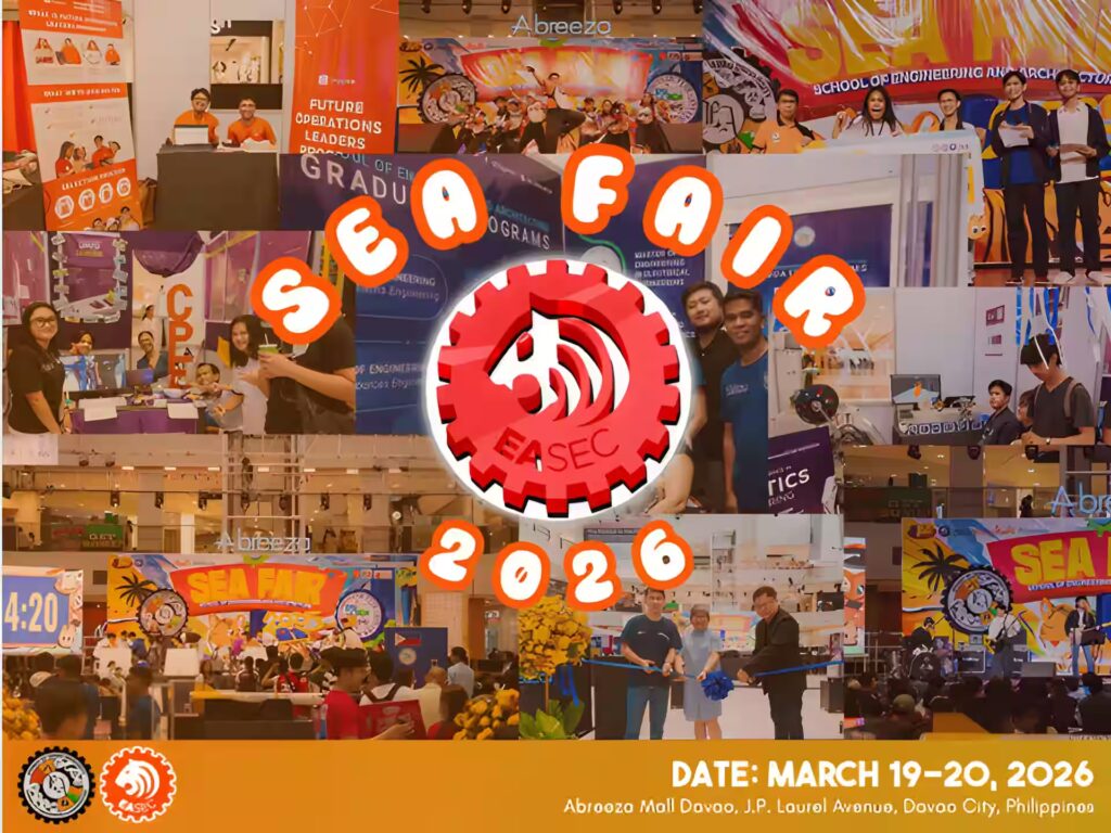 Promotional poster for SEA FAIR 2026 organized by EASEC, featuring a collage of past event photos with booths, participants, and technology exhibits. The center highlights the event title and logo. Text at the bottom provides details: March 19–20, 2026 at Abreeza Mall, Davao City, Philippines, showcasing programs in engineering, architecture, CPA, and robotics.